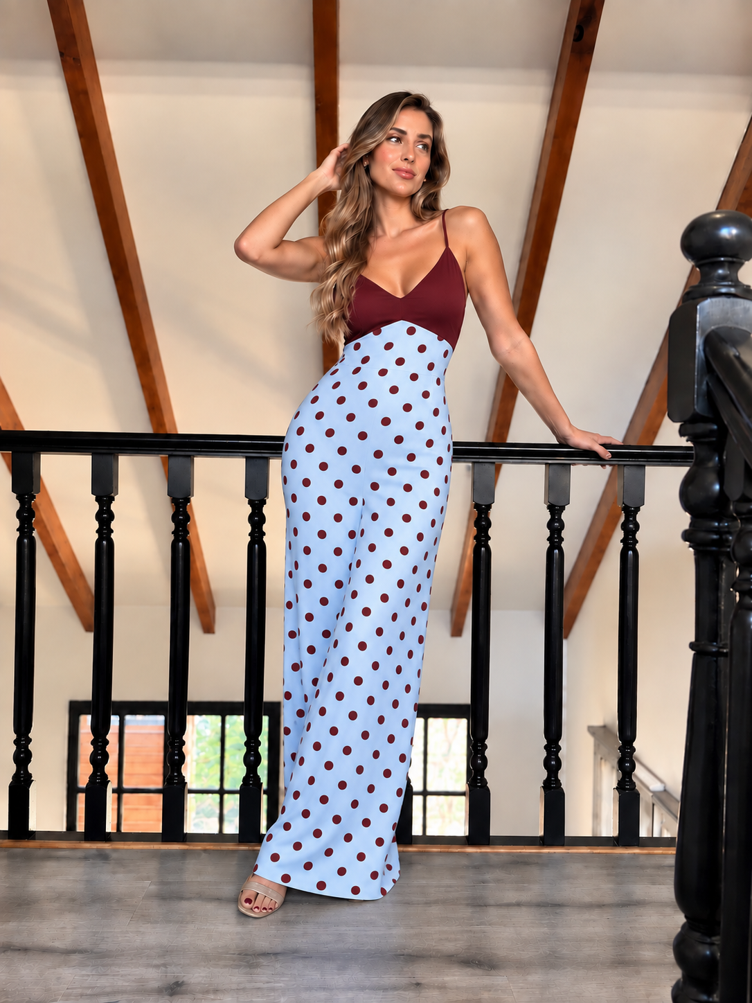 MAXI DRESS SAMANTHA BIG POLKA SKY BORDO PREVENTA