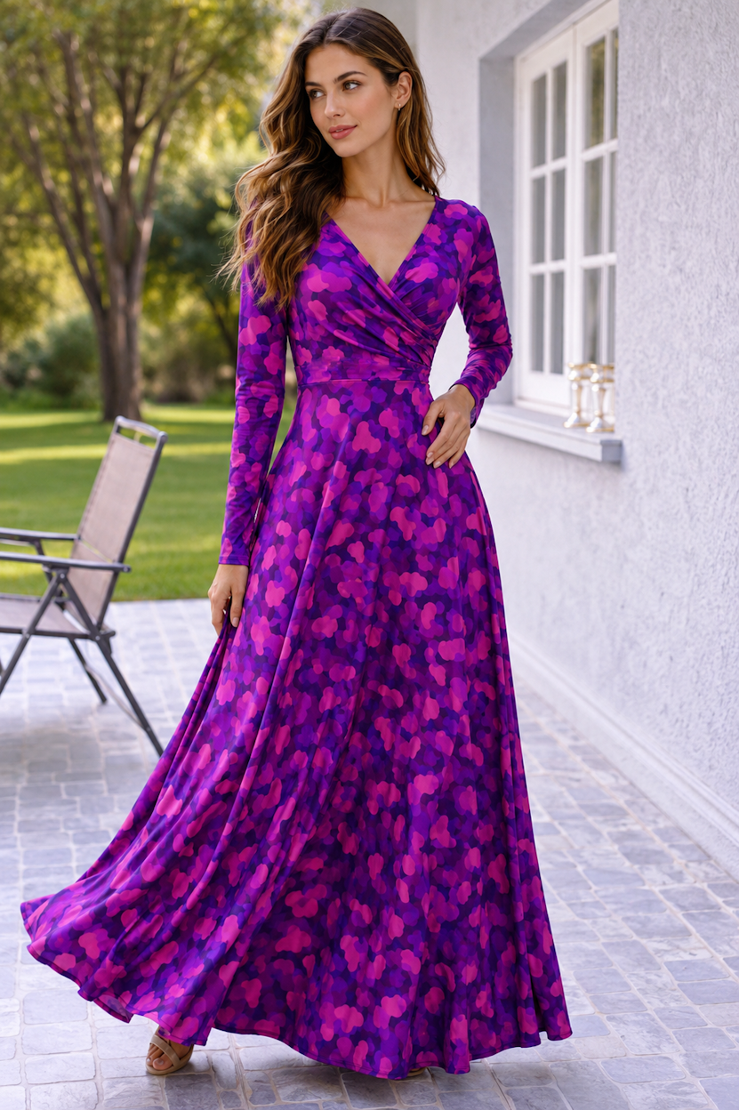 MAXI DRESS CRUZADO MANGA LARGA LOVELY ESTAMPADO EXCLUSIVO