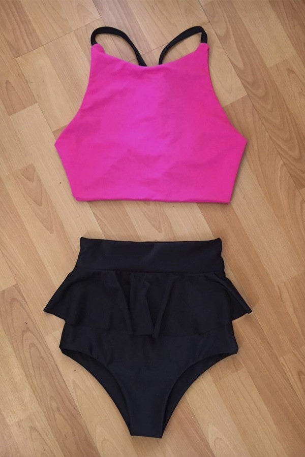 TOP HALTER COLOR A ELECCIÓN + VINTAGE VOLADOS BLACK 